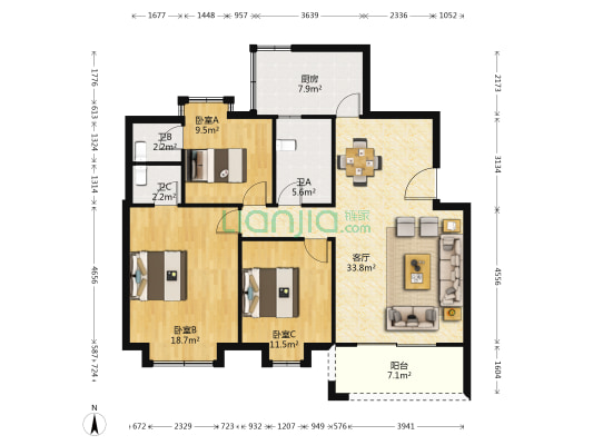 富兴豪庭 3室1厅3卫 115平方