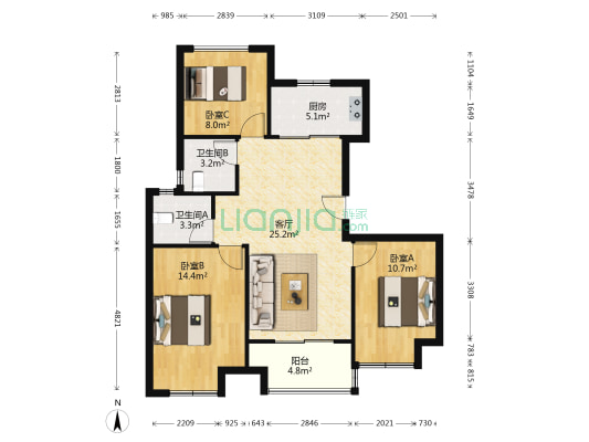 禹洲嘉荟星岛 3室1厅2卫 94平方