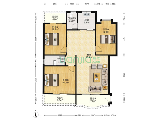 南国苑 3室1厅2卫 132平方