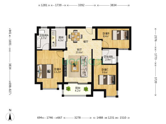 前海湾 3室1厅2卫 100平方