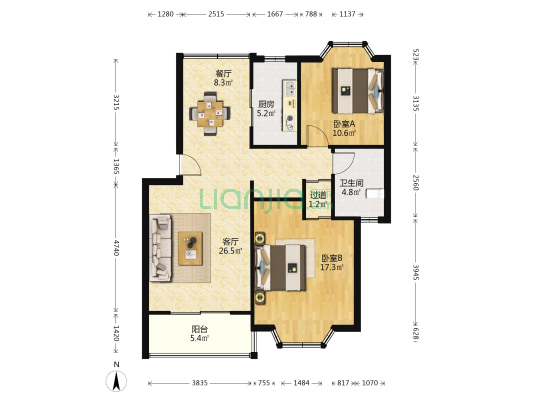 欣荷苑 2室2厅1卫 90平方