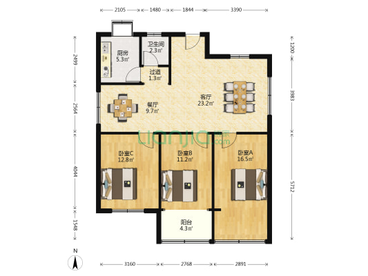 魏家坡小区 3室2厅1卫 102平方