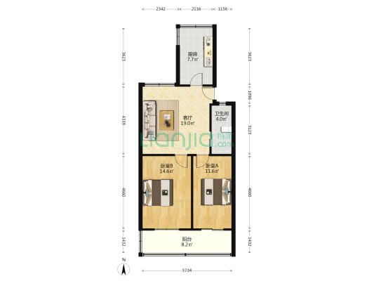 政六街19号院 2室1厅1卫 64平方