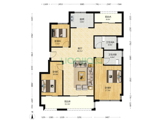 北辰观澜府 3室1厅2卫 127平方