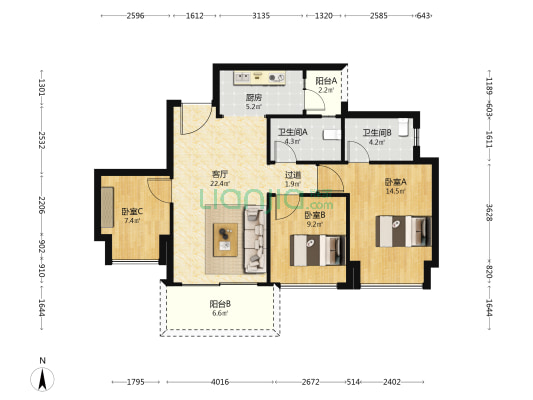 江山雲出云璟 3室1厅2卫 93平方