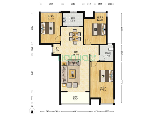 临瑞儒乐城 3室1厅1卫 118平方
