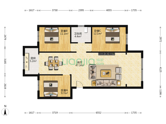低首付经开区双万达铁路局2014年毛坯地暖新房，大三室-户型图