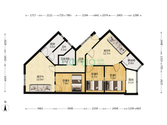 西湾苑 3室2厅3卫 90平方