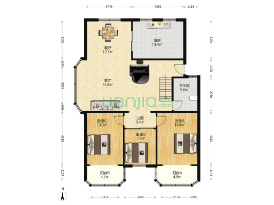 中包公寓 3室2厅1卫 137平方