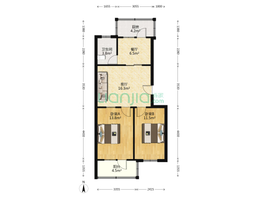 干休小区 2室2厅1卫 74平方