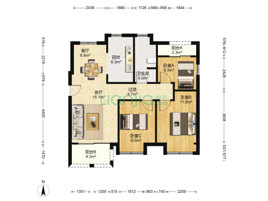 同润金色橘苑 3室2厅1卫 117平方