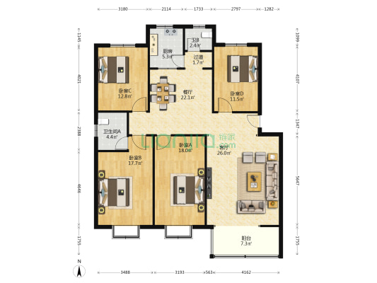 君晓家园 4室2厅2卫 157平方