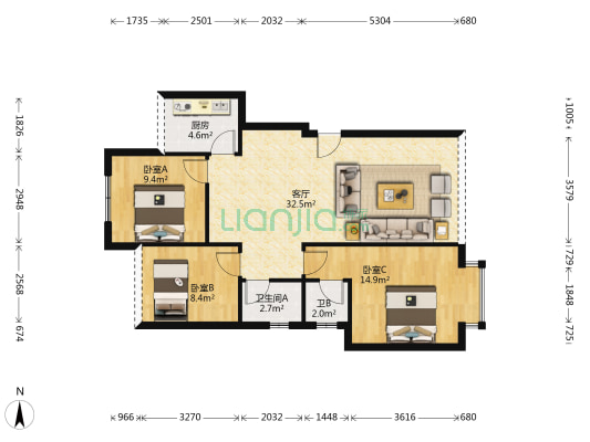 先锋街二段301号 3室1厅2卫 87平方