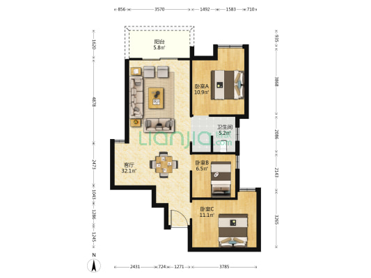 福天星中心 3室1厅1卫 94平方