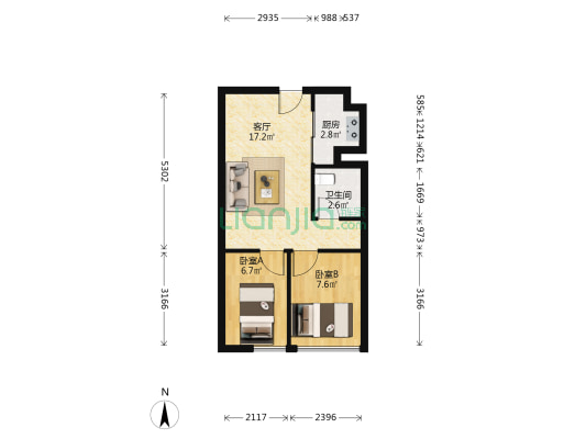 远洋新天地水岸花园 2室1厅1卫 63平方