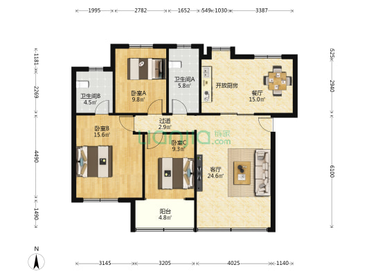石长华天宿舍 3室2厅2卫 105平方