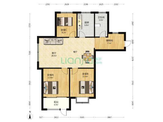 丹桂轩小区 3室1厅1卫 110平方