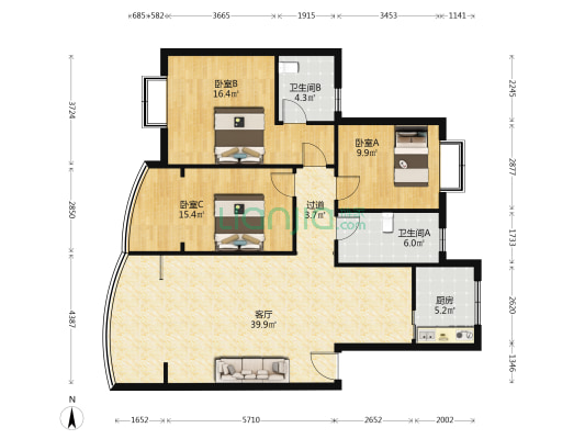 金易人家 3室1厅2卫 126平方