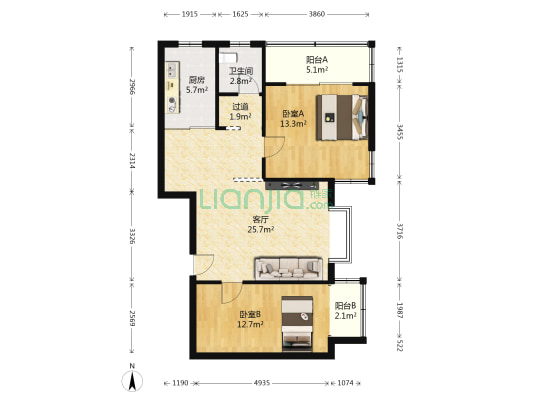 天苜雅园 2室1厅1卫 87平方