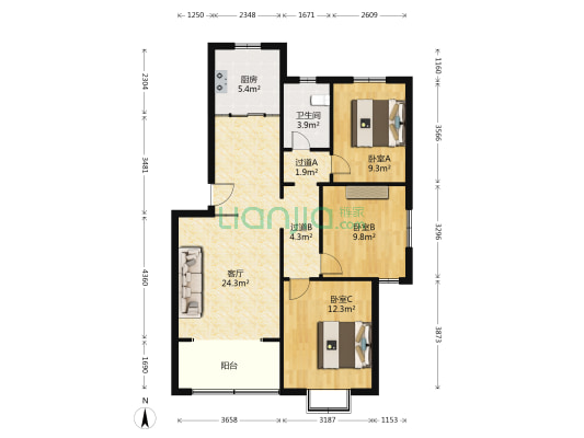 瑞福花园 3室1厅1卫 96平方