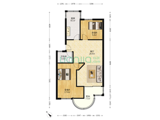 中山大道电信宿舍 2室1厅1卫 87平方