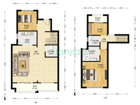  3室1厅3卫 142平方