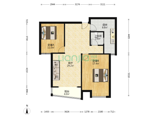 君临天下御景园，朝南客厅带落地窗，南向两居室。-户型图