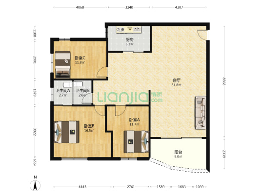华侨商业城 3室1厅2卫 127平方
