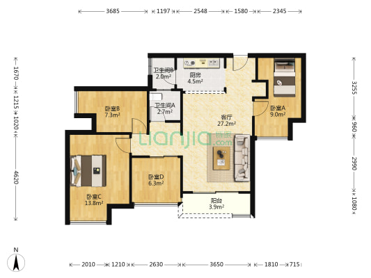 颐源居虹里 4室1厅2卫 94平方