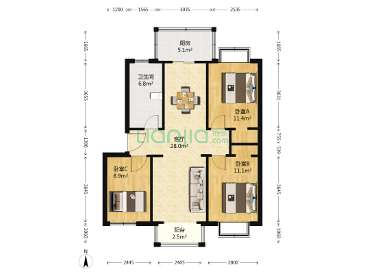 静湖花园南区 3室1厅1卫 100平方