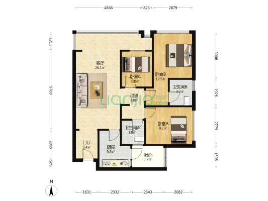 旭辉铂宸中央 3室1厅2卫 86平方