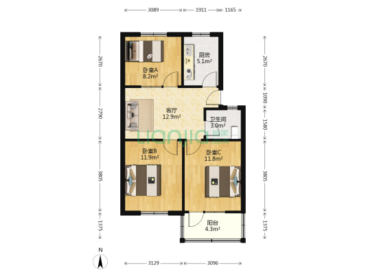合肥经济管理学校宿舍 3室1厅1卫 70平方