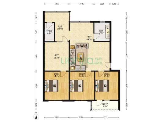 解放大院 3室2厅1卫 126平方