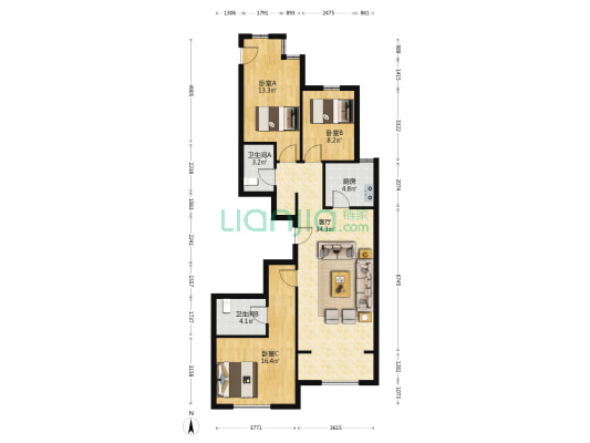 北营社区 3室1厅2卫 125平方