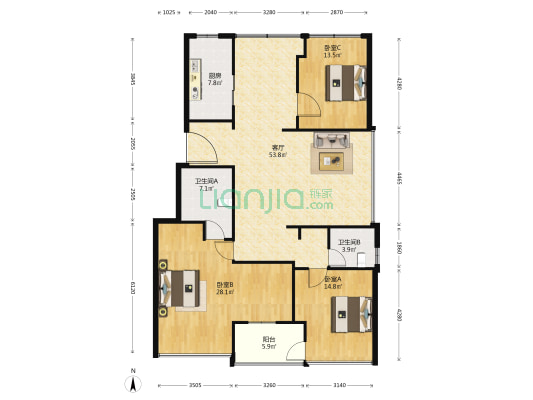 蟾西村 3室1厅2卫 165平方
