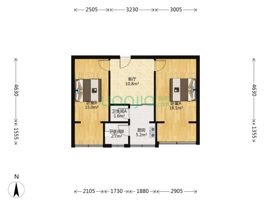 煤炭设计院 2室1厅2卫 56平方