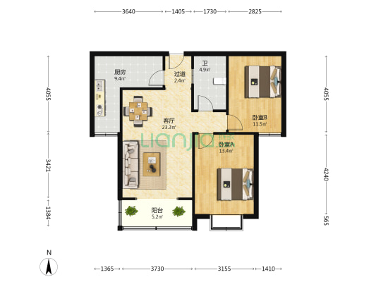 盛泽园 2室1厅1卫 94平方