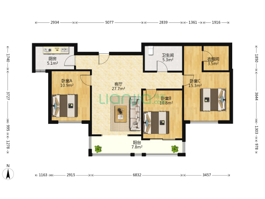 盛世江山B区 3室1厅1卫 119平方
