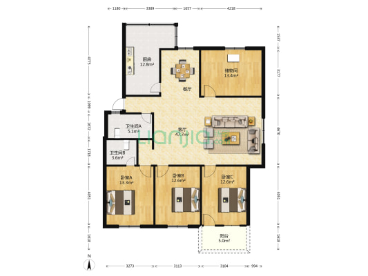 亚侨花园 3室1厅2卫 152平方