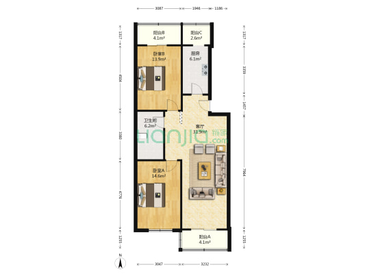 兴华公寓 2室1厅1卫 107平方