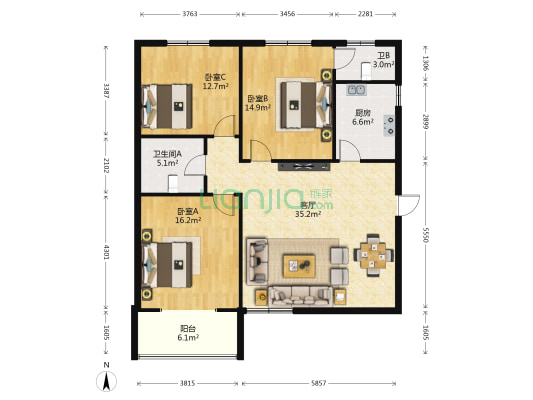 熙苑 3室1厅2卫 132平方