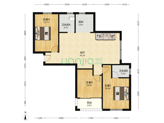 张溇小区云梯桥园 3室1厅2卫 115平方