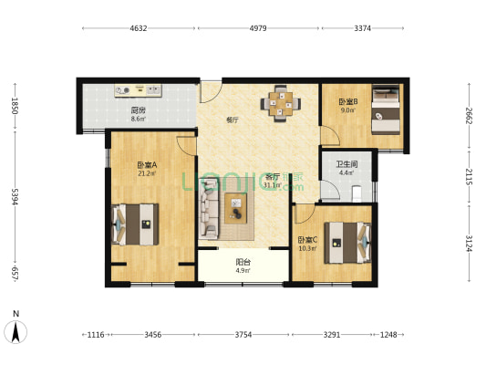 恒地橡树湾 3室1厅1卫 118平方