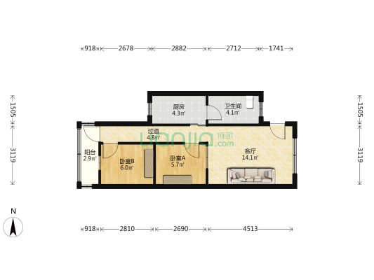 晓阳阁 2室1厅1卫 54平方