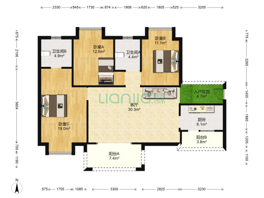 三元极第二期 3室1厅2卫 127平方