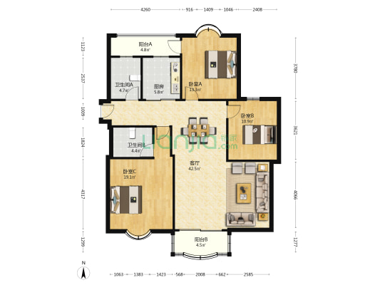 丽晶风和苑 3室1厅2卫 161平方