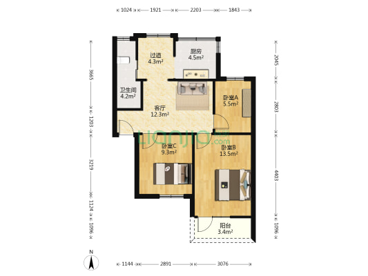 水生所宿舍 3室1厅1卫 68平方