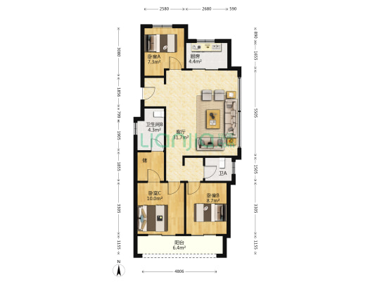中天万科启宸 3室1厅2卫 100平方