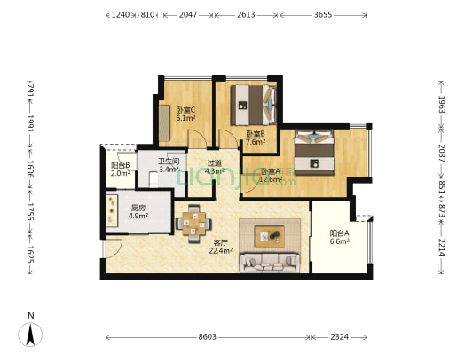 万科招商理想城云来 3室1厅1卫 87平方