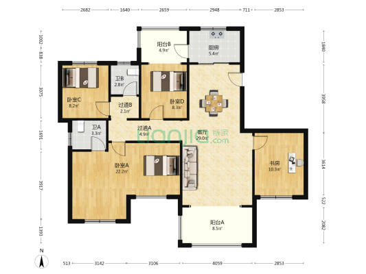 通号岭绣苑 4室1厅2卫 136平方